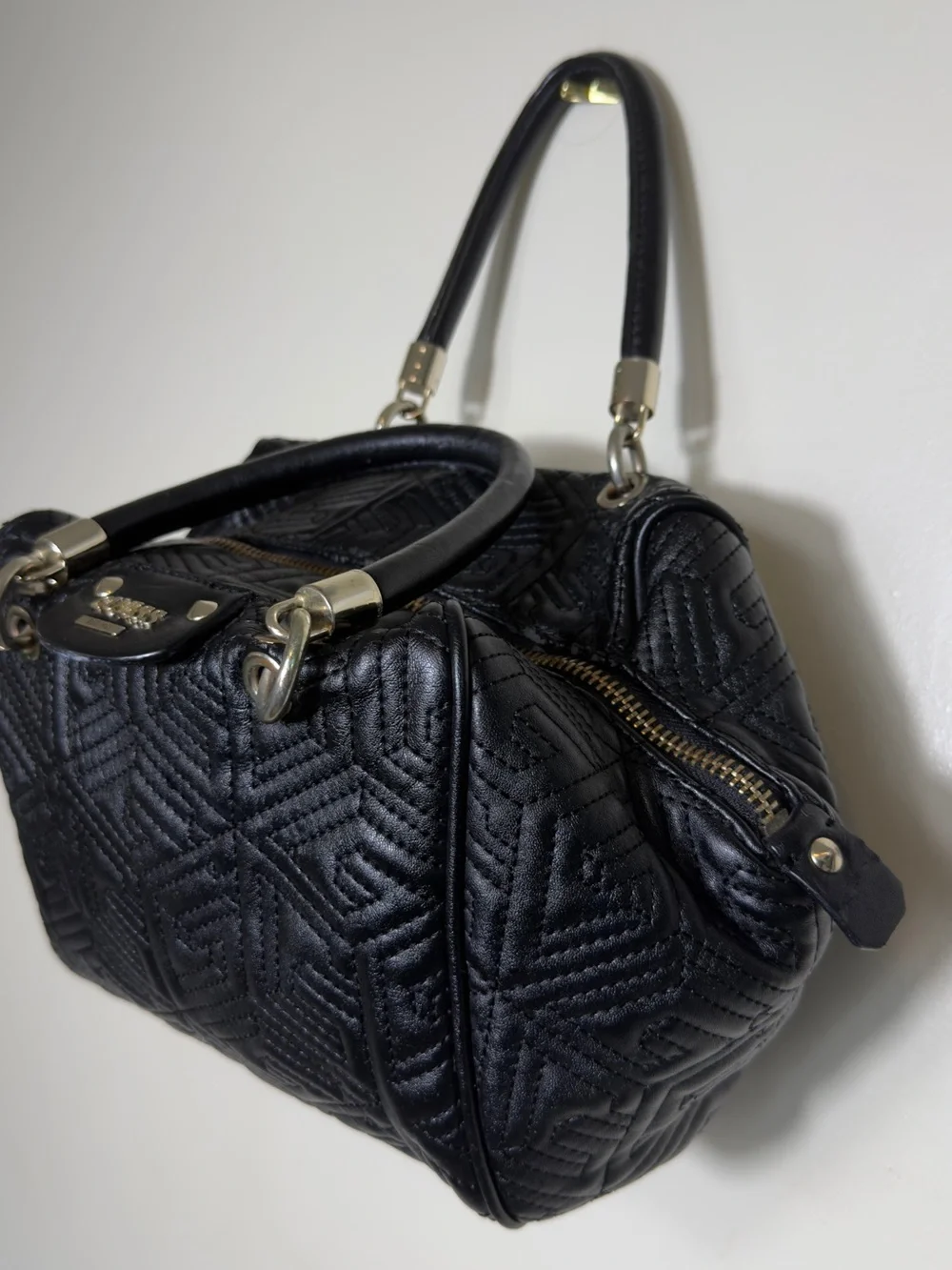 Guess Geometric Quilted Barrel Satchel Bag Black 3D Cube Top Handbag Purse